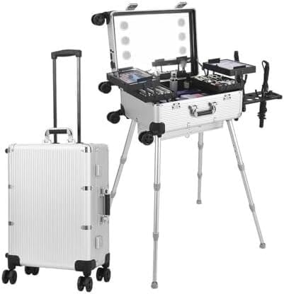 Maletín De Maquillaje Con Ruedas, Espejo Y Luces. Maletín Grande para Maquilladores Profesionales, Esteticistas Y Técnicos De Uñas. Color Plata. 22