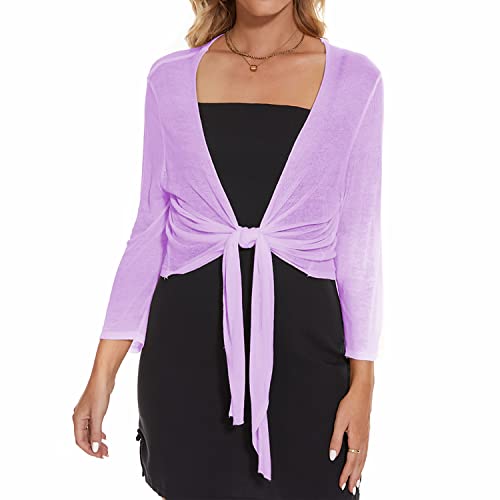Image of Women's Tie Front Bolero Cardigan Shrug Sweater 3 /4 Sleeve Knotted Lightweight Short Shawl Top