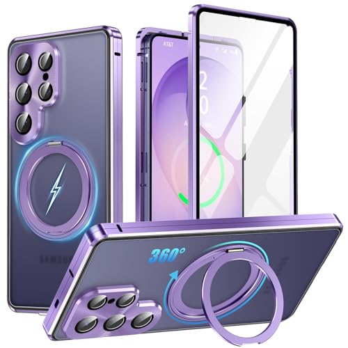 Galaxy S26 Ultra 用 ケース【両面保護+MagSafe対応+多機能360度回転スタンド+ロック式 】9Hガラス 全面保護 OURJOY スマホケース Samsung ギャラクシー S26ウルトラ / SC-53G / SCG37 携帯ケース リング付き 縦横両対応 一体型カメラレンズ保護 フルカバー アルミバンパー ワイヤレス充電対応・パープルの商品画像（Amazon）