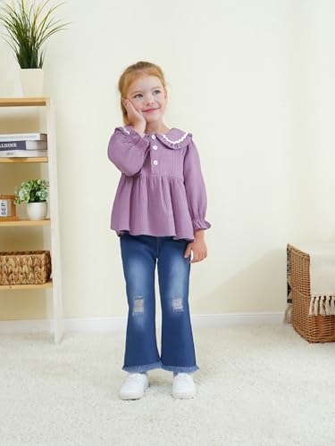 Renotemy Toddler Baby Girl Clothes Fall Winter Outfits, Long Sleeve Shirts Denim Jeans Flare Pants Set for Girls 12Months-5T3