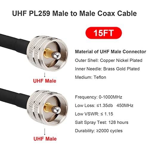 MOOKEERF PL259 UHF Coax Cable 15ft, CB Coax RG58 Male to Male for CB Radio, Ham Radio, Antenna Analyzer, SWR Meter