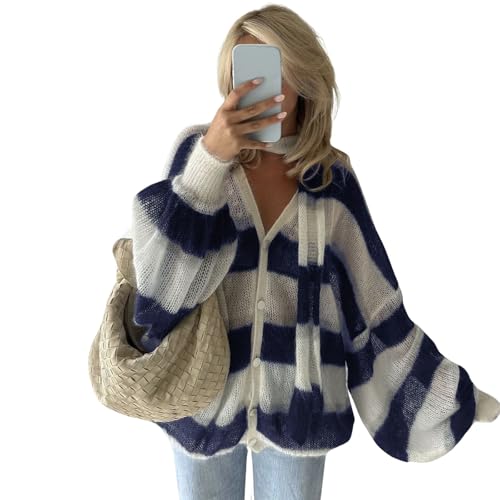 Women V Neck Striped Color Block Knit Cardigan Long Lantern Sleeve Oversized Button Down Sweater Top and Scarf
