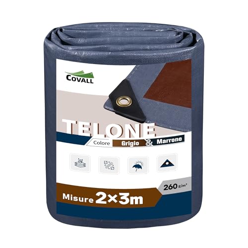 Covall Telo Telone Teloni Occhiellato impermeabile bicolore 260g/m² grigio/marrone super resistente con occhielli rinforzati per tetto, giardino, copertura, piscina, tenda da campeggio(2x3m)