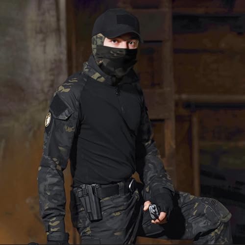 Mens Tactical Camo Shirt,Long Sleeve Combat Shirt,Cap Gloves Balaclava and 1/4 Zip Military Top Airsoft Gear - Image 4