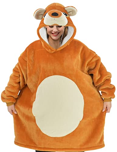 Lassupin Teddy Brown Bear Wearable Blanket Sweatshirt Sherpa Oversized Hoodie Tv-Blanket With Sleeves And Pockets For Adults Men Women Teens One Size Fits All #TOP18
