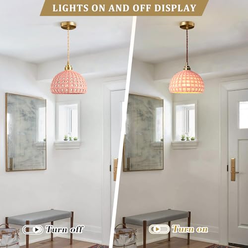 Image of Pink Ceramic Pendant Light Farmhouse Brass Finish Modern Pendant Light Minimalist Style Ceiling Hanging Lamp for Kitchen Island Bedroom Bedside