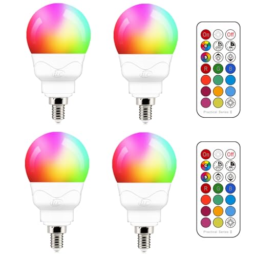 ILC E12 LED Light Bulbs (40w Equivalent) 5W, Color Changing RGB, 5700K Daylight White, Small Base Candelabra Round Light Bulb, A15 Candle Base, 12 Colors 2 Modes Timing with Remote Control (4 Pack)