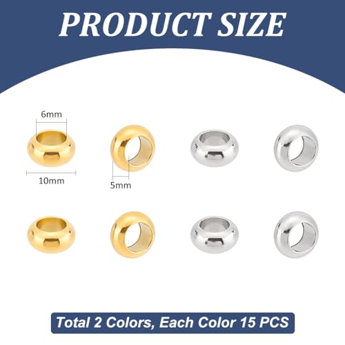 UNICRAFTALE 30Pcs 2 Colors 304 Stainless Steel Spacer Beads Rondelle Beads Golden Beads 6mm Hole Hollow Beads Metal Loose Beads Large Hole Bracelet Beads for DIY Necklace Jewelry Making - Image 3