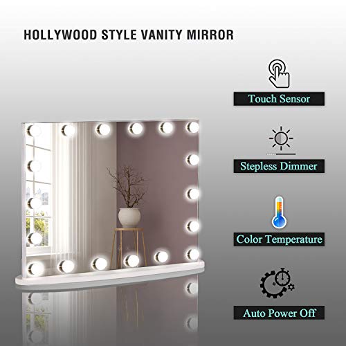 LUXFURNI Vantity Tabletop Makeup Hollywood Mirror Dimmable Light Touch Control 18 Cold/Warm LED Lights, Detachable 3X Magnification Mirror