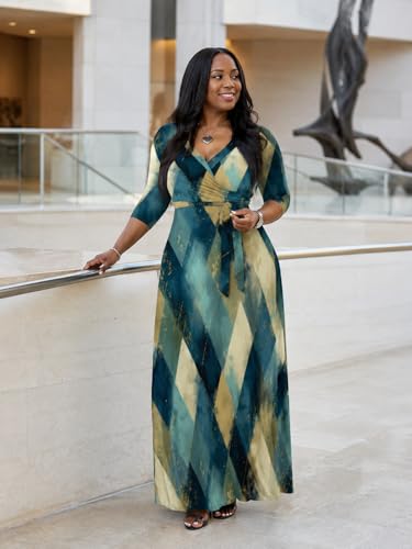 Image of Plus Size Dresses for Women Print Maxi Dresses 3 /4 Sleeve with Belt