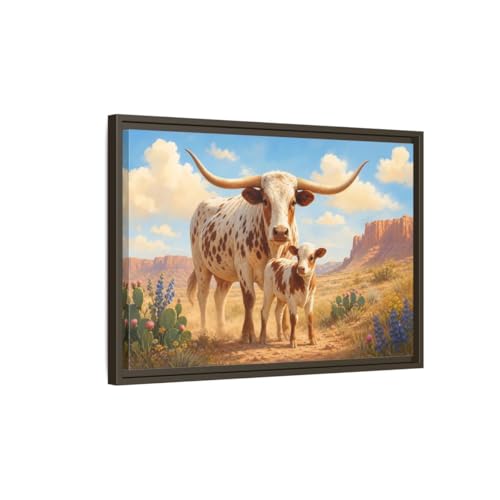 Toile imprimée longhorn marron et blanc avec cadre marron foncé 60x40cm