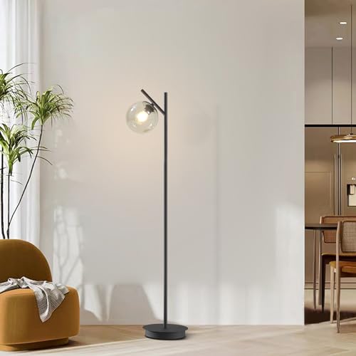 Image of Vintage Floor Lamp for Living Room Mid Century Black Floor Freestanding Lamp Farmhouses Cognac Glass Globe Standing Tall Pole Lamp for Study Room Hotel Bedroom