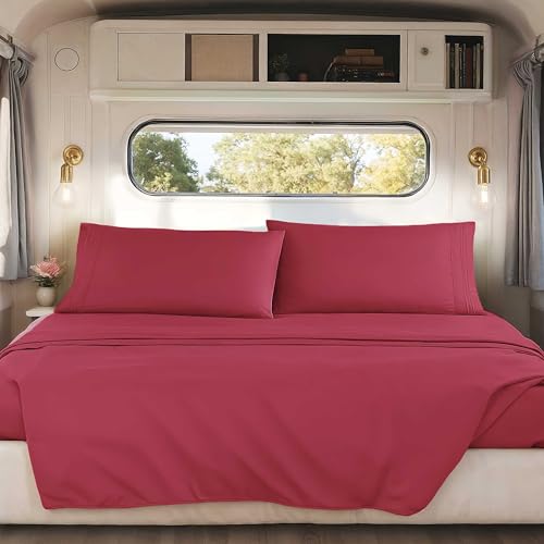 Nestl Burgundy Red Short Queen Sheets for RV, Hotel Luxury RV Queen Sheets Set, 4 Piece Fitted Bed Sheet Set and Pillowcases, Super Soft, Wrinkle-Free, and Breathable Camper Bedding
