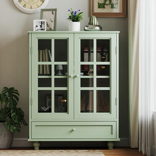 Ball & Cast Buffet Cabinet with Drawers,Glass Door Sideboard Buffet Storage Cabinet w/Adjustable Shelves,Modern Farmhouse Cupboard Wooden Kitchen Table for Living Room,Dining Room,Entryway,Mint Green