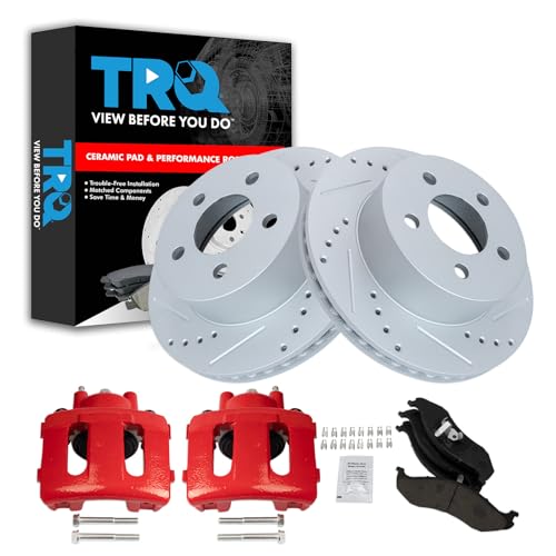 Image of TRQ Performance Front Brake Pad and Rotor Set Ceramic Coated Drilled | For 1999-2001 Jeep Cherokee 1999-2006 Wrangler