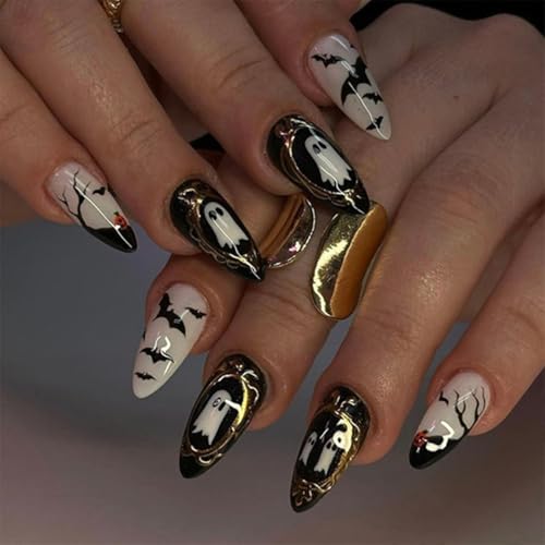 24PCS Halloween Press on Nails Almond Shape Glue on Nails Short Halloween Fake Nails with Ghost Bat Designs Glossy Black White Acrylic False Nails Kit Full Cover Reusable Stick on Nails for Women