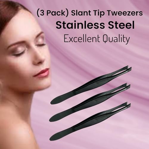 3-Vintage-Style-Slant-Tip-Ribbed-Professional-Stainless-Steel-Tweezers-for-Eyebrows-Premium-Precision-for-Facial-Hair-Splinter-Ingrown-Hair-Removal-Black
