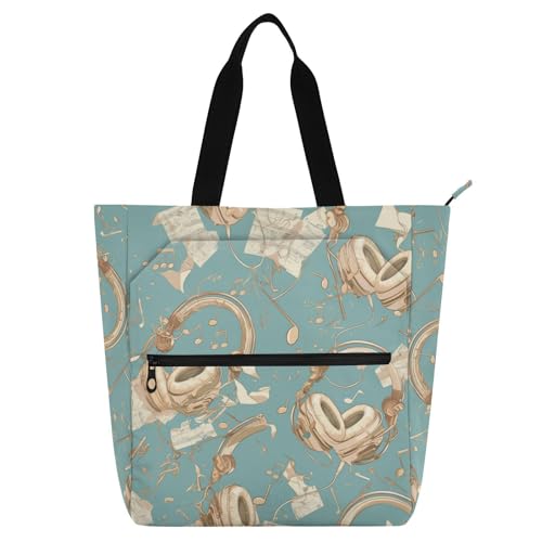 Decorative Cute Book Tote Bag for Kids Adults, Blue and White Cartoon Headphones Water-resistant Teacher Tote Bags Handbags with Inner Pockets for College Shopping Beach Rainbow de tela para