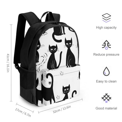 Supdreamc Men Women Polyester Funny Black Cats White Daypack Bookbag Big Capacity Shoulder Bag With Padded Straps for Climbing Travel Walking Cycling2