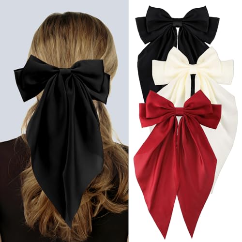 Silky Satin Hair Bows, Oversized Long Tail Bows with Barrette Clips, Coquette Hair Accessories for Women and Girls (Black - Beige - Burgundy)