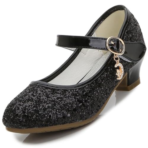Niña Tacon Zapatos Princesa Zapatillas Lentejuelas Vestir Fiesta Comunion (Black,32)