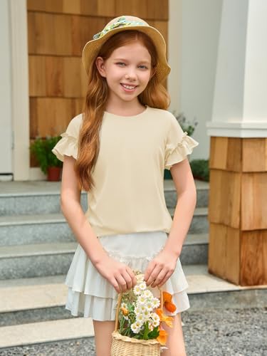 Image of Haloumoning Girls Ruffle Short Sleeve T Shirts Kids Summer Crewneck Tops Cute Tees Blouse 5-14 Years