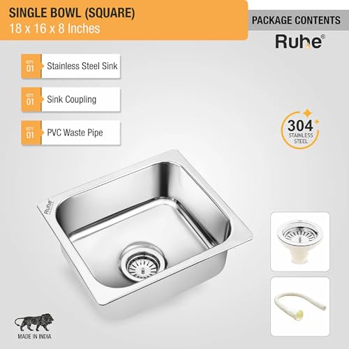 Image of Ruhe S04 Bowl Kitchen Sink, Bright Silver, Glossy Finish, 16x18x8 Inches