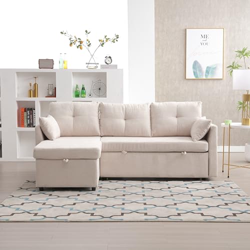 Dolamaní 3er-Sofa L Form with Storage Seats, Schlafsofa Sectional Couch mit Schlaffunktion und Bettkasten (Beige, Chenille) – Bild 6
