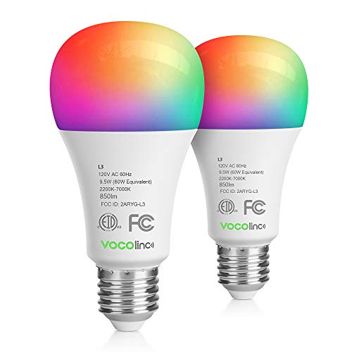 VOCOlinc Smart Wi-Fi LED Light Bulb A21 9.5W (60W Equiv.) Multicolor and Whites Dimmable Works with Apple HomeKit (iOS 13+) Alexa Google Assistant No Hub Required 2.4GHz SmartGlow (2 Pack)