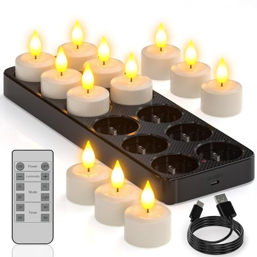 Yme Aufladbare Teelichter mit Timerfunktion und Ladestation, 12er LED...