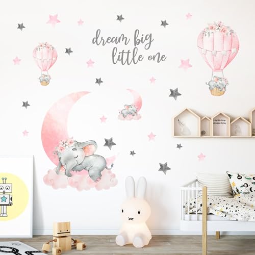 Yovkky Girls Sleeping Elephant Dream Big Little One Nursery Wall Decals Stickers, Watercolor Pink Moon Hot Air Balloon Grey Star Crib Decor, Home Baby Shower Toddler Room Decorations Kids Bedroom Art