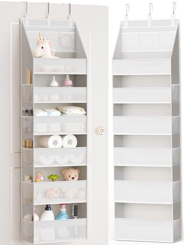 Image of Criusia Over the Door Organizer, Heavy-Duty 6-Shelf Hanging Storage with 13 Mesh Pockets, 55lbs Capacity Behind the Door Storage for Nursery, Bathroom, Bedroom, and Dorm, White
