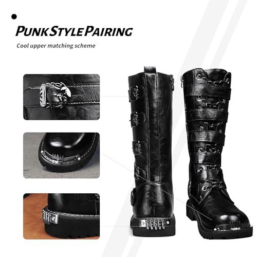 Mens Black Cool Style Eye Catching Buckle Closure High Top Leather Motorcycle Boots Waterproof Non Slip Wear Resistant Durable Stitching Shoes Body Lightweight And Soft Shoes3