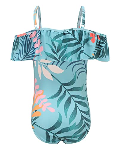 Image of Girls One Piece Swimsuits Off Shoulder Bathing Suit Kids Hawaiian Floral Swimwear 3-16 Years