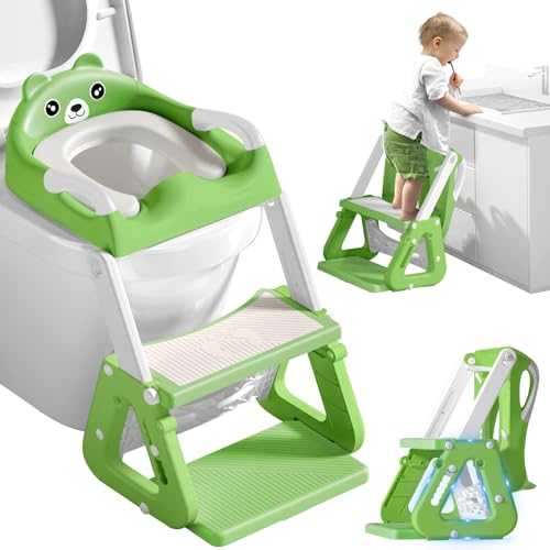 ZQEJEFD Adaptador WC Niños con Escalera, Bebe Plegable Portatil Infantil Asiento Inodoro con Escalera Reductor y Cojín Acolchado, Asiento de Entrenamiento para el Orinal Mejorado 2 en 1 para Niños