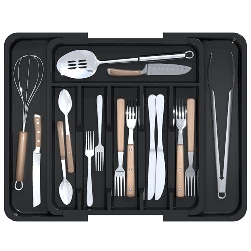 KeZaara Organizador Cubiertos Negro, Cuberteros para Cajon Cocina Ajustables con 6-8 Compartimentos, para Cucharas Tenedores y Cuchillos, Plástico