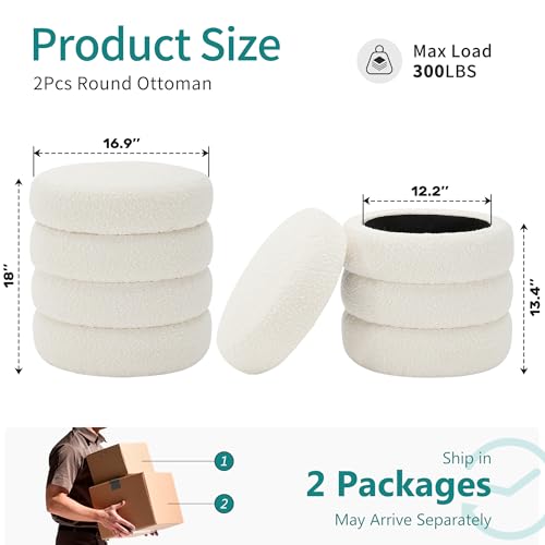 Busaurus Round Ottoman with Storage for Living Room Small Boucle Foot Stool Modern Upholstered Vanity Stool Ottoman Foot Rest for Dorm Corner Home Decor, Set of 2 (White) - Thumbnail 2