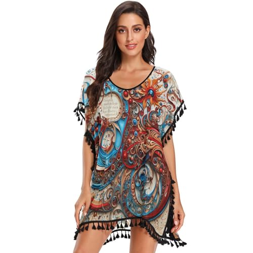 Octopus Red Abstract Art Women's Beach Cover Up Chiffon Tassel Swimwear Swimsuit Coverups for Girl