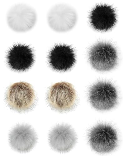 QWORK Faux Fox Fur 3.94 DIY Pom Pom Balls Colorful Fluffy Craft Pompoms with Elastic Loops for Knitting Hat Shoe Accessories Bag Charms 12 Pcs