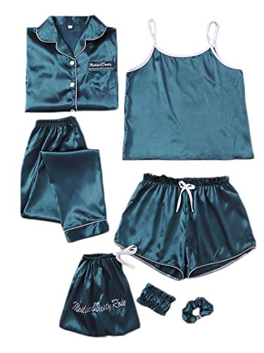 SheIn Women s 7pcs Satin Pajama Set Cami Pjs with Shirt and Eye Mask Teal Blue Medium