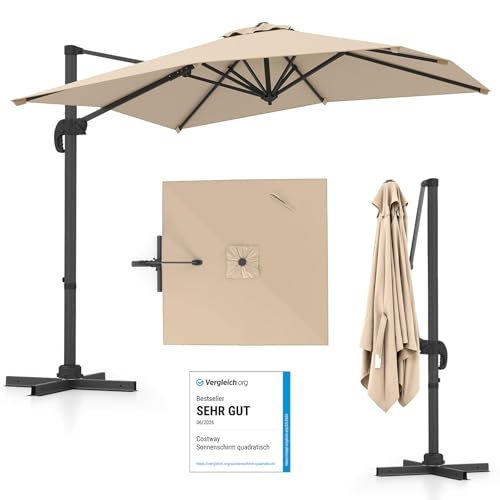 COSTWAY Sonnenschirm rechteckig 250 x 250 cm großer Ampelschirm mit Kurbel Gartenschirm neigbar 360 drehbar Terrassenschirm Marktschirm für Garten Terrasse Balkon (Beige)