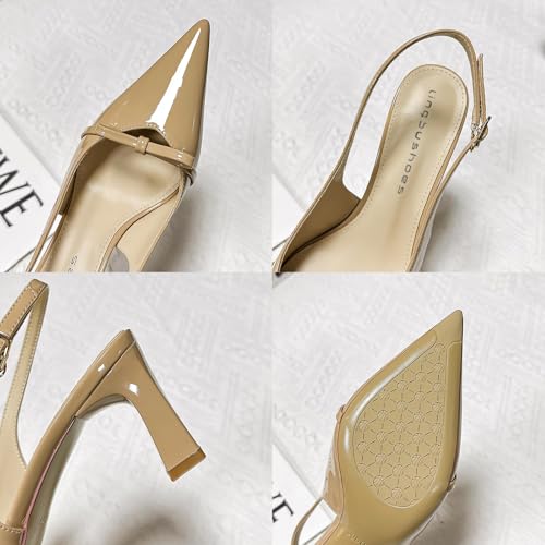 Women's Bow Slingback Block Heels Closed Pointed Toe Comfortable Patent Leather Pumps with Buckle Slip-On Work Wedding Party Dress Shoes3