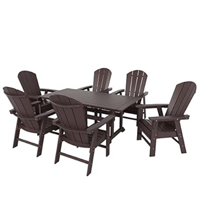 WestinTrends Malibu 7 Piece Adirondack Outdoor Dining Set, All Weather Poly Lumber Patio Table and Chairs Furniture Set, 71" Trestle Dining Table and 6 Adirondack Dining Chair, Dark Brown