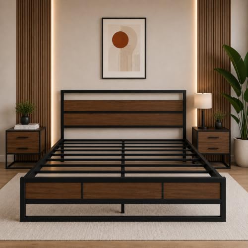 Image of King Size Metal Bed Frame with Wood Finish Headboard & Footboard | Heavy Duty Steel Platform Bed | Black Powder Coated Frame | Noise Free | No Box Spring Required | Easy Assembly