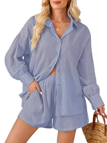 Image of Fixmatti 2 Piece Outfits Long Sleeve Button Down Shirt and Shorts Sweatsuit Lounge Sets