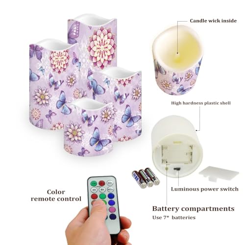 Image of Purple Butterfly Floral Plastic Flameless Candles with Remote Control and Timer LED Flickering Battery Electric Pillar Candles for Table Home Decoration