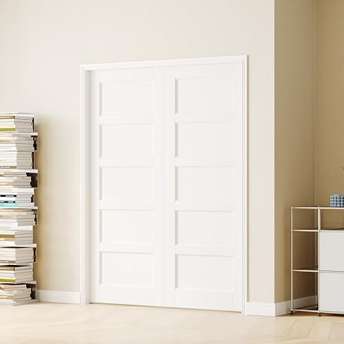 Image of 30 inch x 80 inch Pantry Doors, 5 Panel Solid MDF Core Single Paintable Wood Door Slab, French Style Closet Doors as Interior & Pocket Door, White Primed (Hinges Not Included)