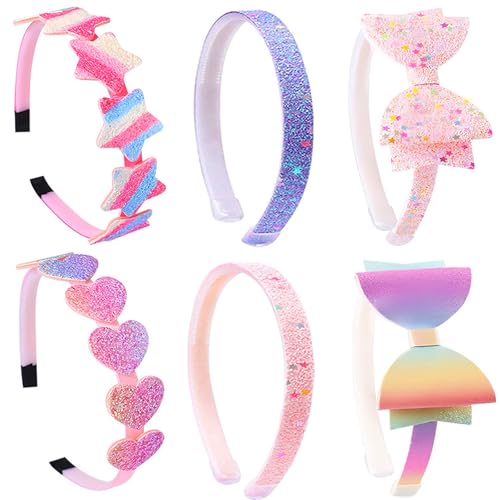 PUSABAOWO Headbands for Girls 6 Pack Toddler Headbands Glitter Kids Hairband Cat Bow Heart Star Crown Hair Accessories for Toddler Girls Teens