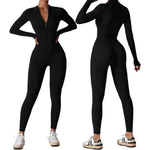HOMDECR Tuta Intera Donna Sportiva Maniche Lunghe Jumpsuit Aderente Sexy Cerniera Completo per Yoga Palestra Abbigliamento Zip Costine Tutina Sportivo (M,Nero)