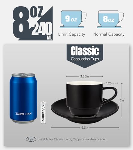Lareina 8 Ounce Porcelain Cappuccino Mug Set of 4, Stackable Coffee Cups with Saucers, Spoons and Metal Stand for Specialty Brews, Cappuccino, Latte, Americano and Tea, Black - Image 3